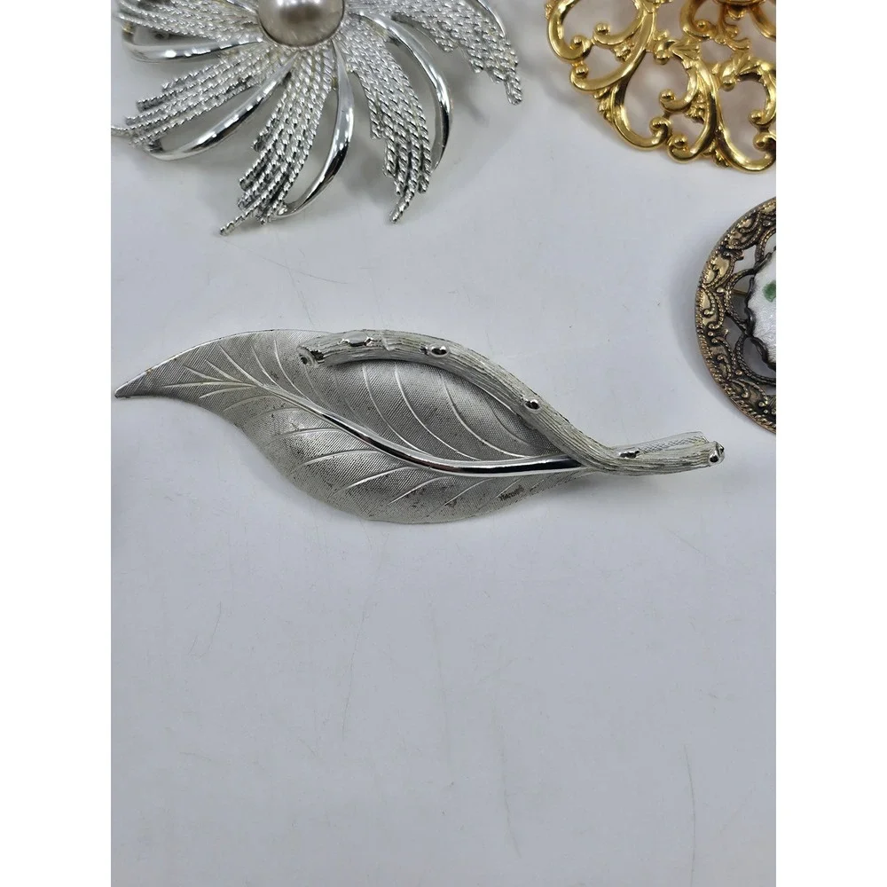 Vintage Brooch Lot 6pc Silver Gold Tone‎ Faux Pearl Filigree Floral Leaf Enamel
